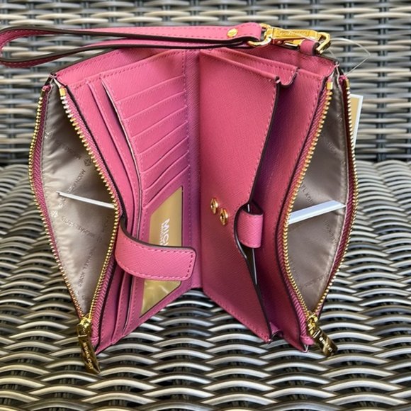 Michael Kors Jet Set Travel Large Double Zip Wristlet Wallet Rosewood Leather - Picture 11 of 16